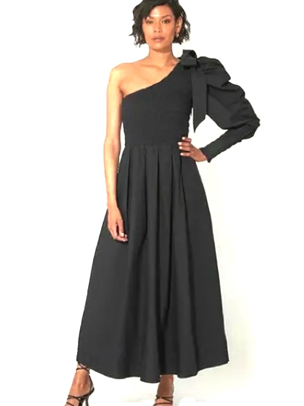 NWT Cleobella Leonie One-Shoulder Maxie Ruched Black Midi Dress Puff Sleeve